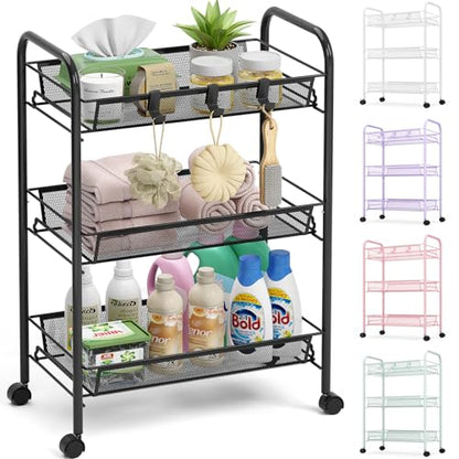 TOOLF 3 Tier Rolling Cart, Metal Utility Storage Cart with Wheels, Black - color: Black, size: 3-Tier