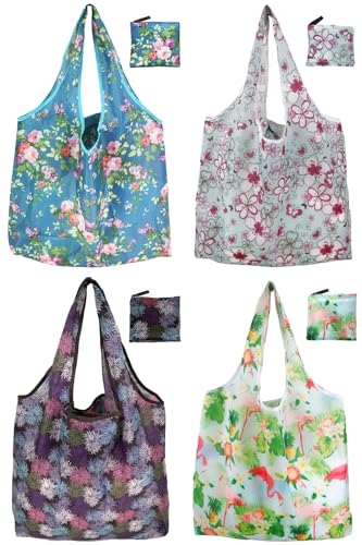 Lightweight Foldable Tote Bag, Reusable Grocery Shopping Bag - color: Rose 4 Pack