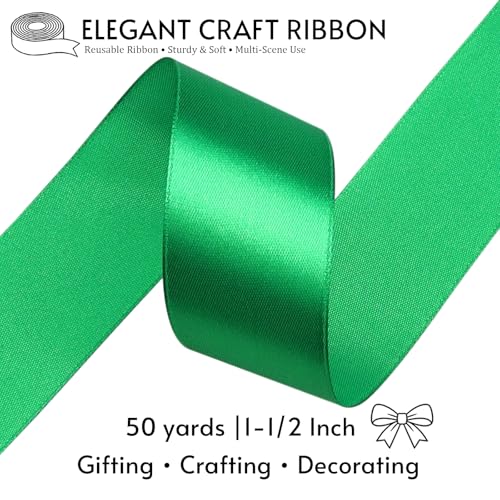 1-1/2 Inch Green Satin Ribbon 50 Yards Single Face Polyester - color: Green, size: 1-1/2 inch