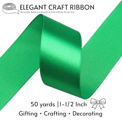 1-1/2 Inch Green Satin Ribbon 50 Yards Single Face Polyester - color: Green, size: 1-1/2 inch