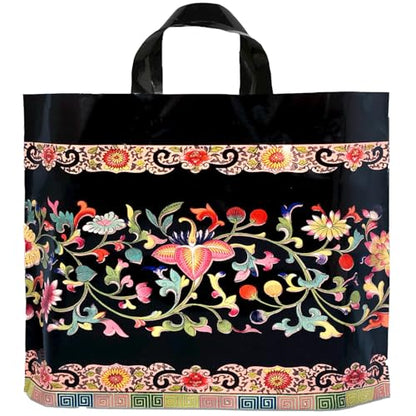 Joyhey 50 Count 9.8" x 11.8" Plastic Merchandise Bags, Shopping Retail Bags with Handles - Black Flower (More Patterns Available) - color: Black Flower