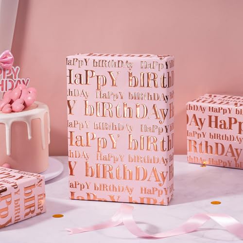 WRAPAHOLIC 3D Kraft Birthday Wrapping Paper Roll - Mini Roll - 17 Inch x 16.5 Feet - Rose Gold and Pink Happy Birthday Wrapping Paper with Embossed Perfect for Holiday, Party Celebration - color: Pink & Rose Gold Happy Birthday, size: 17 inch x 16.5 feet