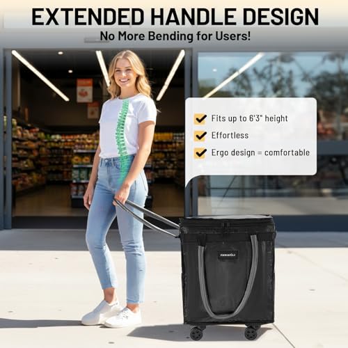 66L Rolling Grocery Bag on Wheels with Washable Leak-Resistant Liner - color: Black - a, size: Medium