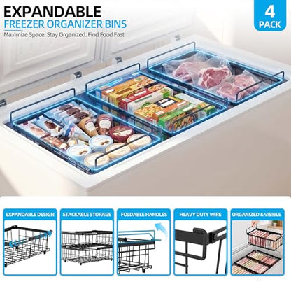 4 Pack Expandable Freezer Organizer Bins, Stackable Chest Freezer Basket - color: Black, size: 4 Packs