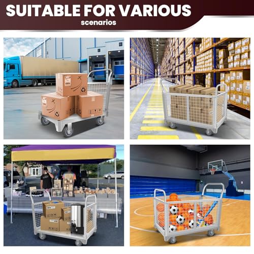 Platform Truck Cart with Cage, 5-in-1Heavy Duty Flatbed Cart, Load 3500LBS with 5" Swivel Casters, Multi-Functional Push Cart for Grocery, Laundry, Pantry, Shelving