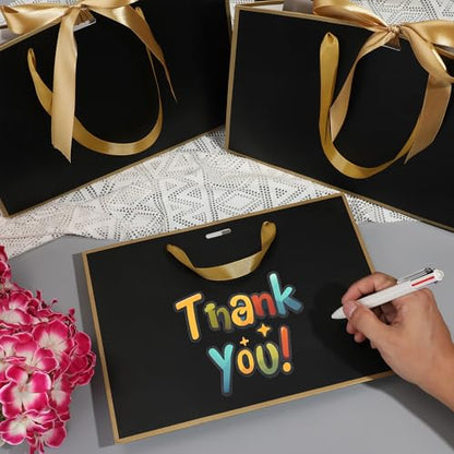 STOBOCTER 6 Pcs Elegant Paper Gift Bags with Handles 12.6''x4''x9.1'' Thank You 5 Senses Gift Bags with Bow Ribbon for Father's Day Wedding Bridesmaid Groomsmen Graduation Birthday Party(Black, Gold) - color: Black, Gold, size: 1 Count (Pack of 6)