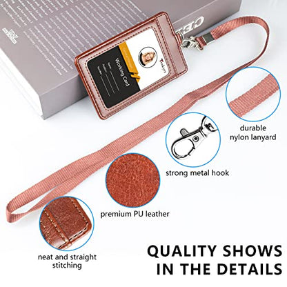 Teskyer Leather ID Badge Holder with Lanyard, Vertical Brown - color: Brown, size: Vertical