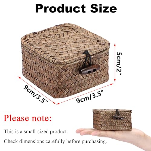 Hipiwe Mini Seagrass Basket Box Wicker Shelf Baskets with Lid, 3.5"x3.5"x2" - color: Coffee color, size: 3.5" x 3.5" x 2"