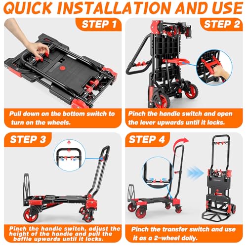 2-in-1 Folding Hand Truck with Folding Basket,Hand Truck with Retractable Handle, 330LBS Capacity Heavy Duty Hand Dolly, Dolly Cart with Wheels for Luggage/Moving/Travel - color: Red-a