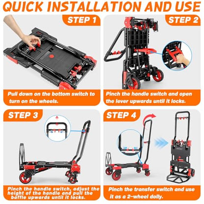 2-in-1 Folding Hand Truck with Folding Basket,Hand Truck with Retractable Handle, 330LBS Capacity Heavy Duty Hand Dolly, Dolly Cart with Wheels for Luggage/Moving/Travel - color: Red-a