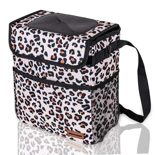 SIBOFUEGO Cute Car Trash Can with Lid, Collapsible, Leak-Proof, 2 Gallon - color: Leopard Print, size: 2 Gallons