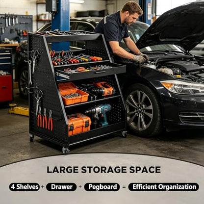 4-Tier Heavy Duty Rolling Tool Cart with Pegboard & Sliding Tray, 440 LBS Load Capacity Steel Utility Cart on Lockable Wheels, Mobile Tool Storage Organizer for Mechanic, Garage, Workshop, Black