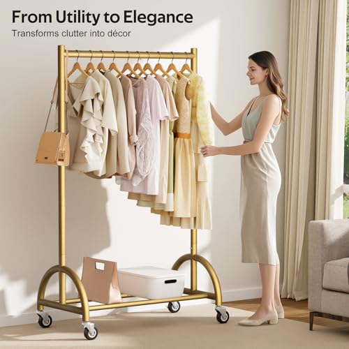 MISSLO Heavy Duty Clothing Rack with Wheels Rolling Clothes Racks for Hanging Clothes, Coats, Garment, Dress, Gold, 28" W - color: Gold, size: 28"W x 14.8"D x 66"H (Small)