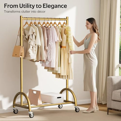 MISSLO Heavy Duty Clothing Rack with Wheels Rolling Clothes Racks for Hanging Clothes, Coats, Garment, Dress, Gold, 28" W - color: Gold, size: 28"W x 14.8"D x 66"H (Small)