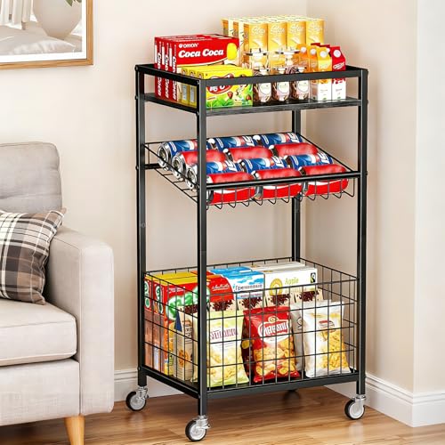 Fruit Vegetable Cart, 3-Tier Snack Cart on Wheels & Wood Top, Black - color: Black, size: 3 Tier(12 in)