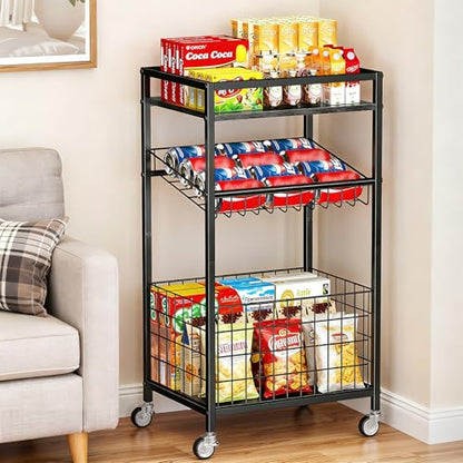 Fruit Vegetable Cart, 3-Tier Snack Cart on Wheels & Wood Top, Black - color: Black, size: 3 Tier(12 in)