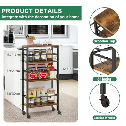 IBUYKE Slim Rolling Storage Cart, Kitchen Cart Utility Shelving UTMJ065H - color: Brown, size: 15.75"D x 7.9"W x 32.3"H