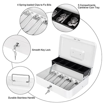 Cash Box with Money Tray and Lock, Money Box for Cash, Cash Register for Small Businesses, Metal Lock Box for Money 11.8" x 9.4" x 3.54" White - color: White with Key Lock