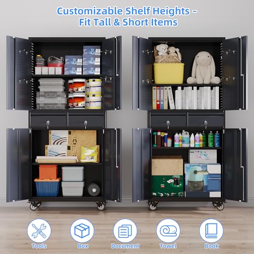 71" Metal Garage Storage Cabinet with 2 Drawers and Wheels - color: Black-dark Gray, size: 16"D x 30"W x 71"H