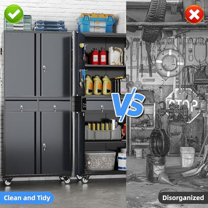 71" Metal Garage Storage Cabinet with 2 Drawers and Wheels - color: Black-dark Gray, size: 16"D x 30"W x 71"H