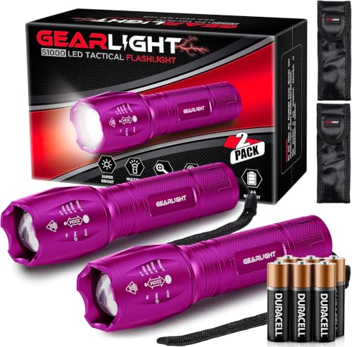 GearLight LED Flashlight High Lumens, Mini Tactical LED Flashlight 2 Pack, 5 Modes Zoomable Beam, Battery Powered for Camping, Hunting, Home & Emergency, Compact Small LED Flashlight (Purple) - color: Purple
