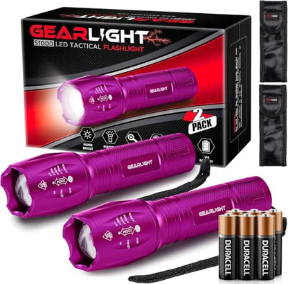 GearLight LED Flashlight High Lumens, Mini Tactical LED Flashlight 2 Pack, 5 Modes Zoomable Beam, Battery Powered for Camping, Hunting, Home & Emergency, Compact Small LED Flashlight (Purple) - color: Purple
