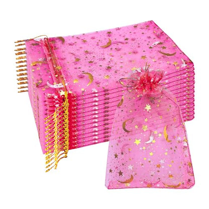 DIYOMR 120Pcs Dream Night Sky Star Moon Gold Organza Jewelry Cosmetic Bags 4.3x6.3 Inch Drawstring Mesh Favor Pouches Giftwrap Bags for Wedding Party Gift Packaging - color: Rose