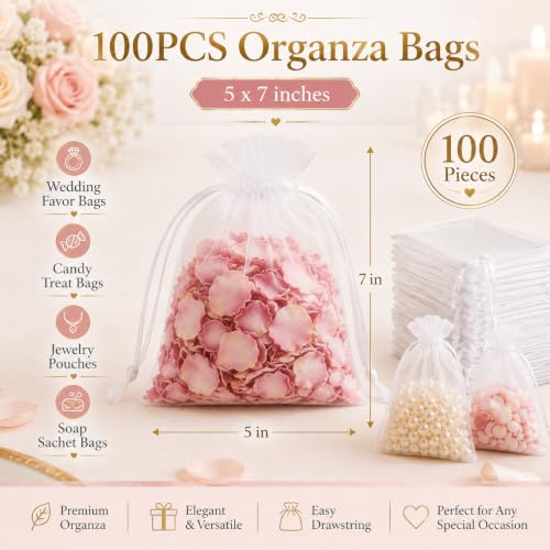 Sukh 100pcs Organza Bags 5''x7'' - White Mesh Drawstring Gift Bags - color: White, size: 100 Count (5 x 7 Inches)