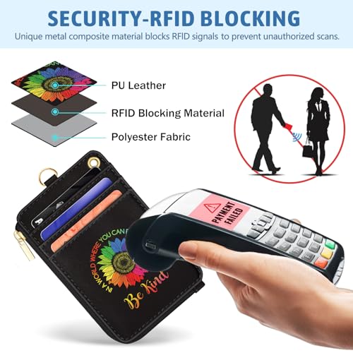 Be Kind Sunflower Lanyard Wallet with ID Badge Holder, Small RFID Keychain - color: Be Kind Sunflower