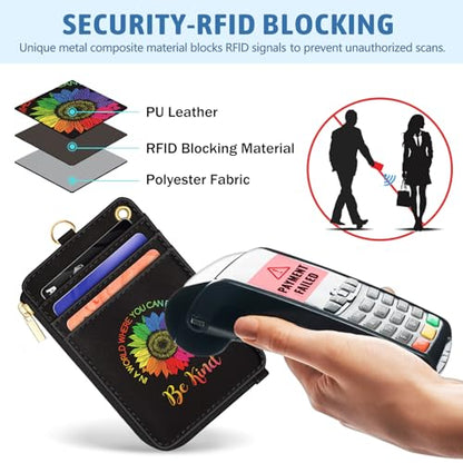 Be Kind Sunflower Lanyard Wallet with ID Badge Holder, Small RFID Keychain - color: Be Kind Sunflower