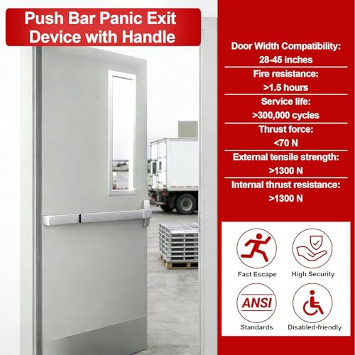 Push Bar Panic Exit Device with Handle, 28inch Emergency Exit Door Hardware with 6 Keys, Aluminum Commercial Push Bar Door Lock Fits 28"-45" Wood & Metal Doors, Left/Right Compatible - size: 28inch