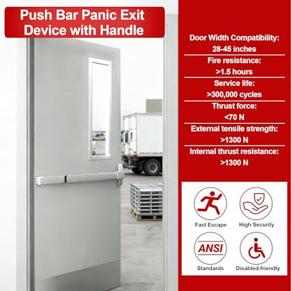 Push Bar Panic Exit Device with Handle, 28inch Emergency Exit Door Hardware with 6 Keys, Aluminum Commercial Push Bar Door Lock Fits 28"-45" Wood & Metal Doors, Left/Right Compatible - size: 28inch