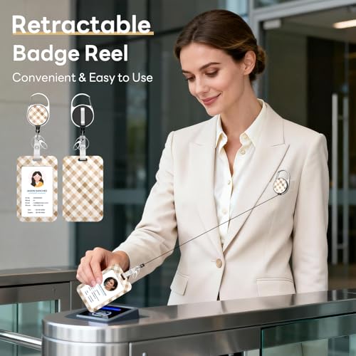 Retractable Badge Holder with Detachable Lanyard, White Lattice - color: White Brown Lattice