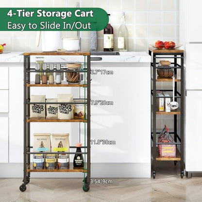 IBUYKE Slim Rolling Storage Cart, Kitchen Cart Utility Shelving UTMJ065H - color: Brown, size: 15.75"D x 7.9"W x 32.3"H