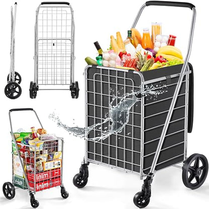 Wellmax Grocery Cart & Folding Shopping Cart with Wheels, 66 lb Max, Medium - size: Medium