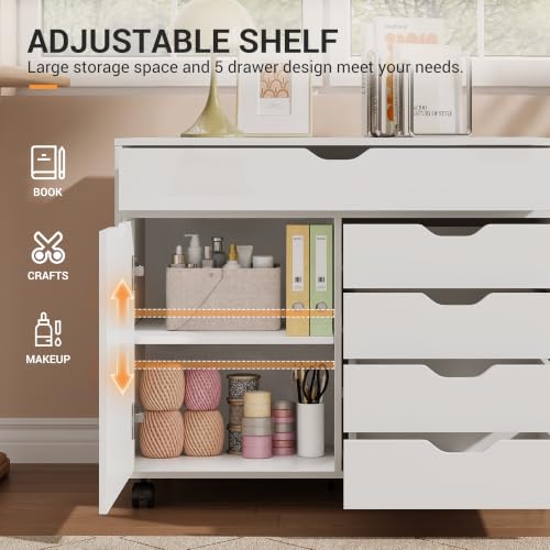 DEVAISE 5 Drawer Wood Storage Cabinet, Office Drawer Cabinet, White - color: White - 1 Large + 4 Small