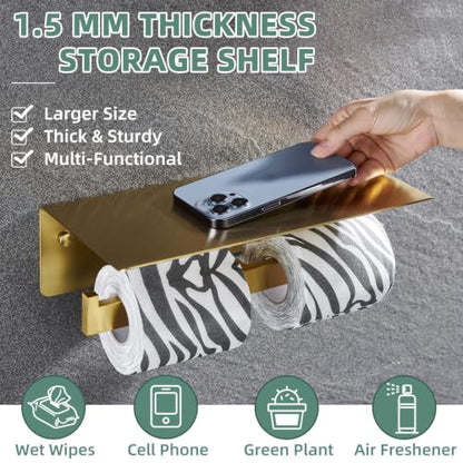 APLusee Brushed Gold Double Toilet Paper Holder with Shelf, Wall Mounted - color: Brushed Dark Gold, size: Double Rod
