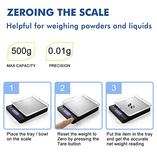 KitchenTour Mini Gram Scale for Coffee, Jewelry and Small Items, 500g x 0.01g Digital Pocket Scale with Tare, 6 Units, Back-Lit LCD, 2 Trays, Black - size: 500g/0.01g