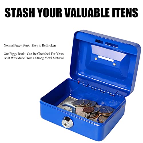 Jssmst Small Cash Box with Lock and Slot, Metal Coin Piggy Bank for Adults and Kids, Blue Locking Money Box - color: Blue, size: XS(4.92")-slot