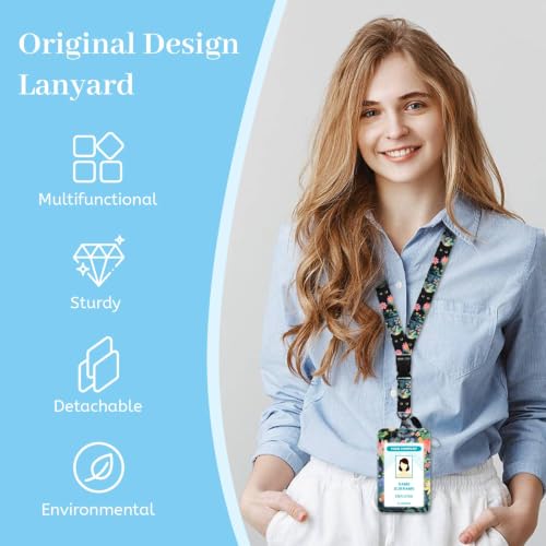 Hancynir Cat Lanyards for Id Badges, Badge Holder Retractable Reel Clip - color: Flower Cat Light Green
