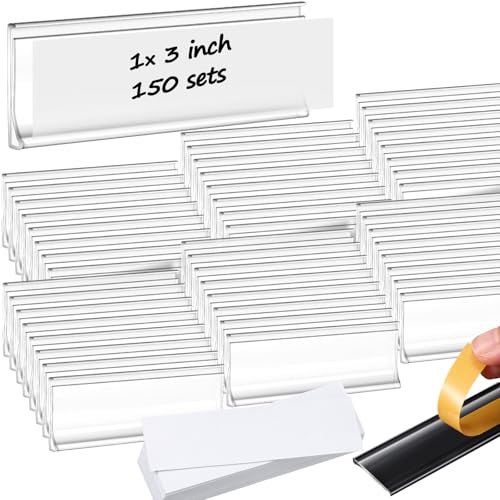 Yexiya 150 Pieces Label Holder Self Adhesive Clear Pocket 3 x 1 Inch Plastic Shelf Tag Sticking Price Label Holders with Paper Inserts for Supermarket School Library Bookshelves Mailbox Storage Bins