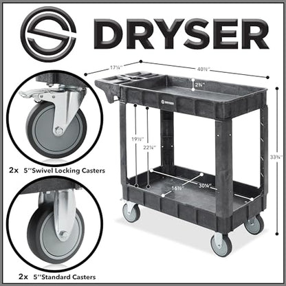 Dryser Utility Cart with Wheels, 40" x 17" Heavy Duty 550 lb. Capacity with Shelves - 2 Tier Rolling Cart with Two 5" Swivel Casters for Warehouse, Garage, Cleaning - size: 2 Shelves 2 Swivel 40x17