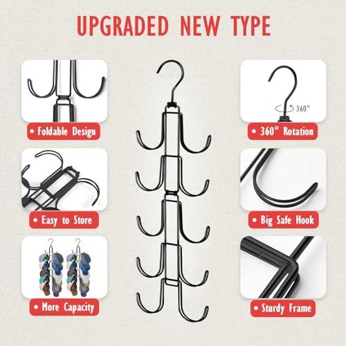 Hat Organizer for Closet: Collapsible Caps Rack with 10 Large Hooks - color: Black