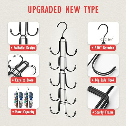 Hat Organizer for Closet: Collapsible Caps Rack with 10 Large Hooks - color: Black