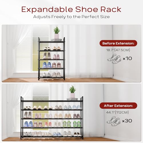 Bumusty 5 Tier Long Expandable Shoe Rack for Closet, Black - color: Black, size: 5-tier