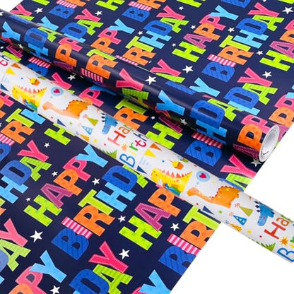 Viadom Dinosaur Birthday Wrapping Paper 3 Rolls Happy Birthday Dinosaur Balloon Printed Gift Wrapping Paper for Boys Girls Kids - Mini Roll 17 inch x 120 inch(10feet) Per Roll - color: Blue/White Dinosaur