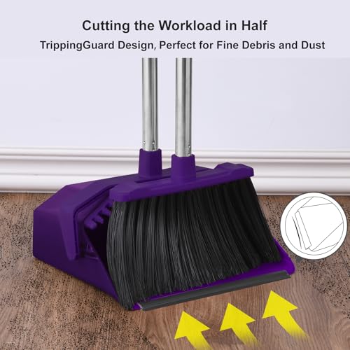 Broom and Dustpan Set for Home, 51" Long Handle Standing Dustpan Purple - color: Purple