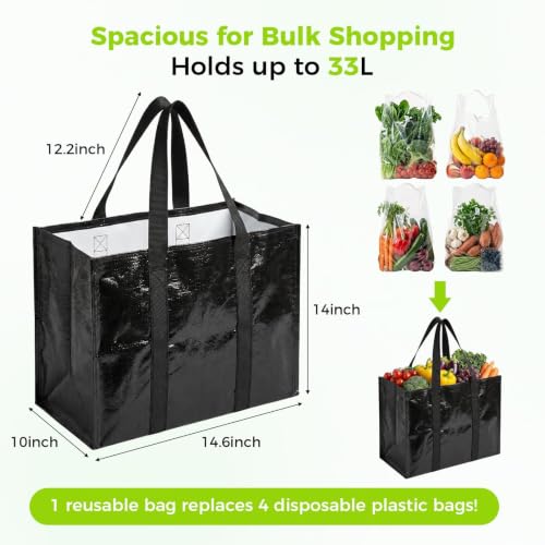 4 Pack Reusable Grocery Bags with Handles Waterproof Shopping Tote Bags - size: 33L