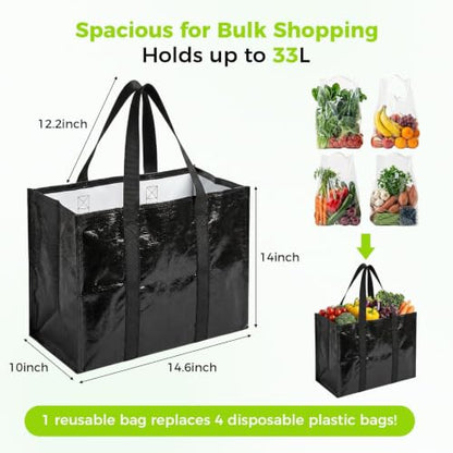 4 Pack Reusable Grocery Bags with Handles Waterproof Shopping Tote Bags - size: 33L