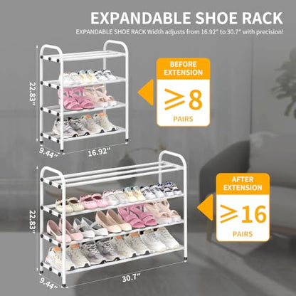 Hleelomi 4-Tier Metal Expandable Shoe Rack for Closet and Entryway, White - color: White, size: 4-Tier